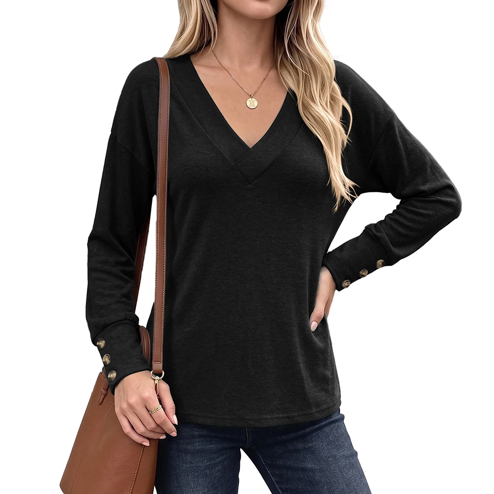 womens-solid-color-for-v-neck-brushed-top-with-long-sleeves-for-summer-beach-holiday-cycling-fitness-regular-fit-polyester
