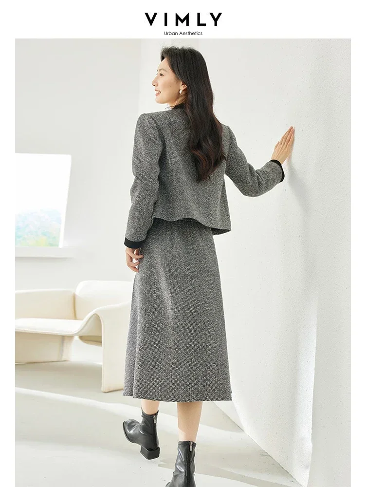 Vimly Elegant Tweed Suit Two Piece Sets for Women 2023 Winter Women\'s Outfits Cropped Jackets Elastic Waist Pleated Skirts M3539