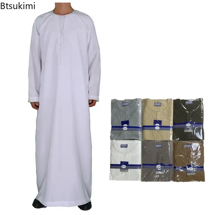 

Middle East Arab Kaftan Men Muslim Clothing Solid Long-sleeved Round Neck Robes Causal Loose Men Jubba Thobe National Costumes