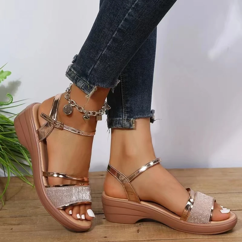 Gold Silver Platform Sandals Women 2023 Summer Thick Heeled Wedges Sandals Woman Plus Size 43 Ankle Strap Gladiator Sandalias