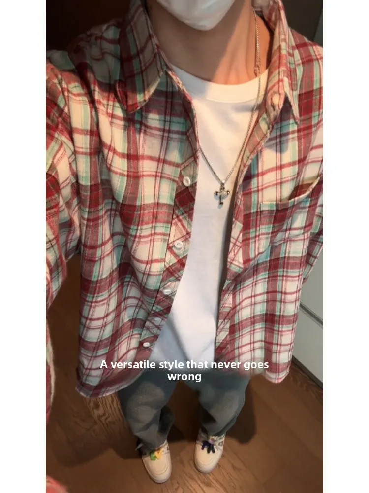

Plaid Long Sve irt Men's Spring Autumn New Sle Premium Feeling Haome Turn Collar Top Youth Small Fraance Sle Ja...