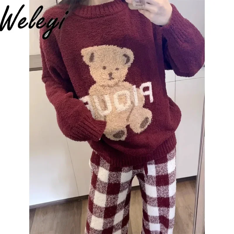 Japanese Sweet Warm Pique Loungewear Pants Suit Autumn and Winter Loose Soft Christmas Plaid Pajamas Top Women Pijamas Feminino