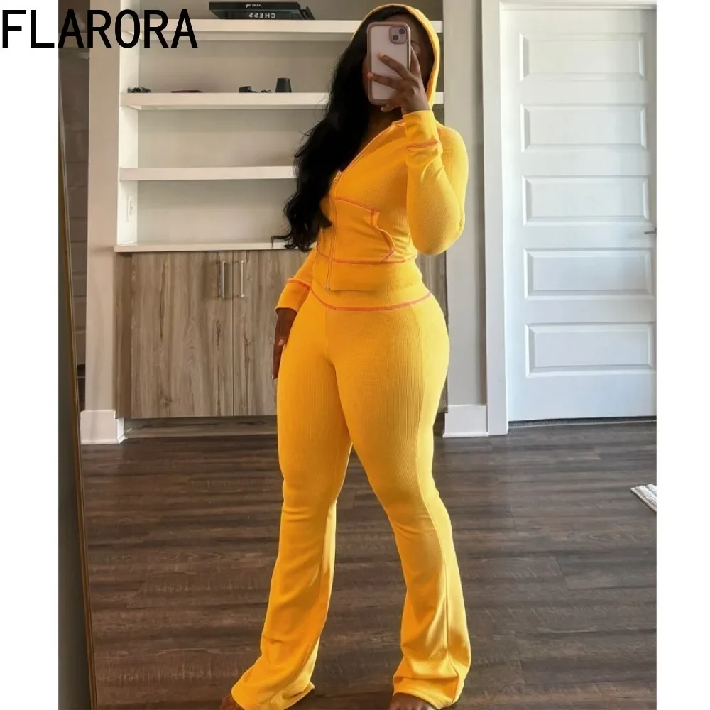 FLARORA Autumn Waffle Texture Striped Women\'s Two Piece Sets Casual Solid Long Sleeve Hoodies And Flared Pants Set Sweatsuits