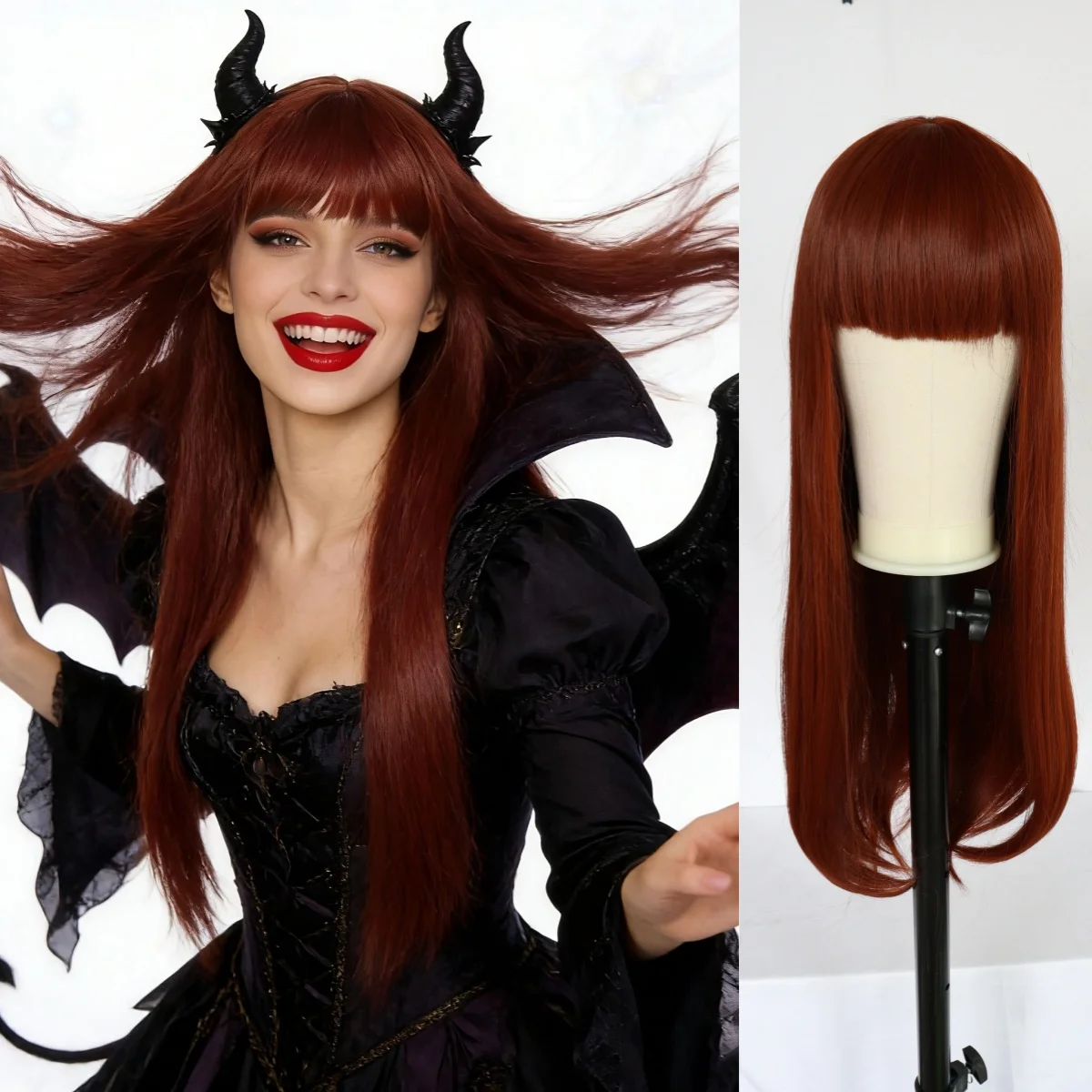 

Long Straight Auburn Wig reddish brown with Flat Bangs, Heat Resistant Synthetic Hair Wig, Cosplay Daily Party Wig for Women