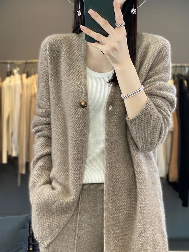 Women V-neck Cardigan Autumn Winter 100% Merino Wool Sweater Vintage Twist Flower Long Sleeve Knitwear Korean Fashion Tops