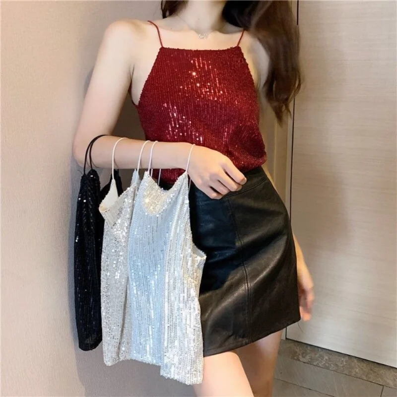 

2023 Spring Summer New French Vintage Hong Kong-style Fashion Sequins Sparkling Strap Vest Women's Fashion Tank Top