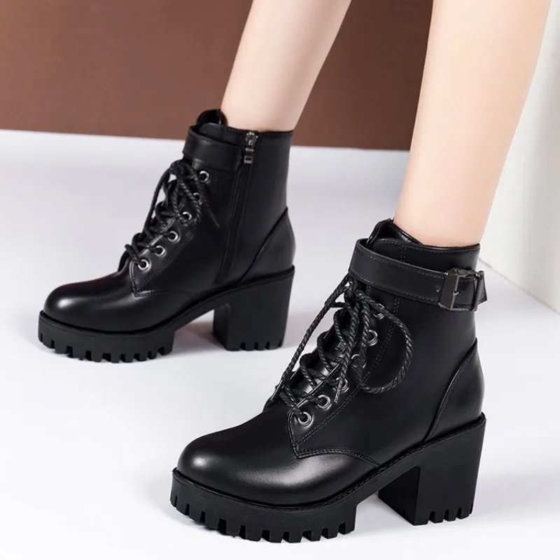 2024 Winter Leather Women Winter Boots Thick Wool Warm Women High-heeled Genuine Boot High-quality Female Snow Boots Women Shoes