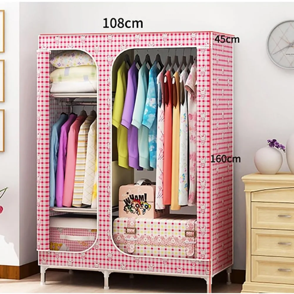 خزانة ملابس معدنية محمولة مقاس 66.14 بوصة مع 2 قضبان تعليق، غطاء قماشي لمنظم تخزين ملابس غرفة النوم