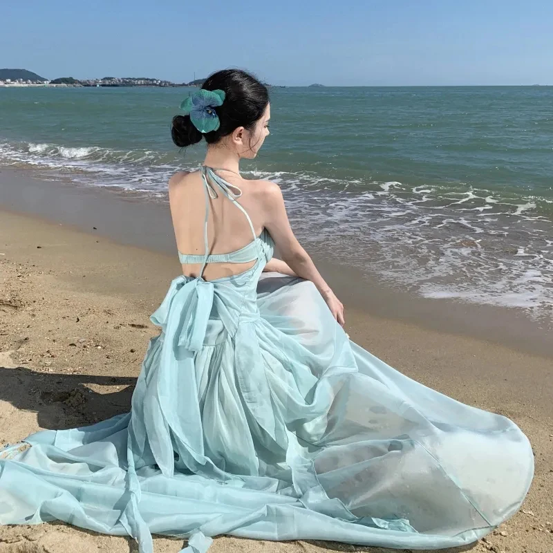 Dolce increspato Camis Midi Dress Donna Estate Elegante Chiffon Halter Neck Dress Sexy Backless Beach Vacation Mujer Abiti