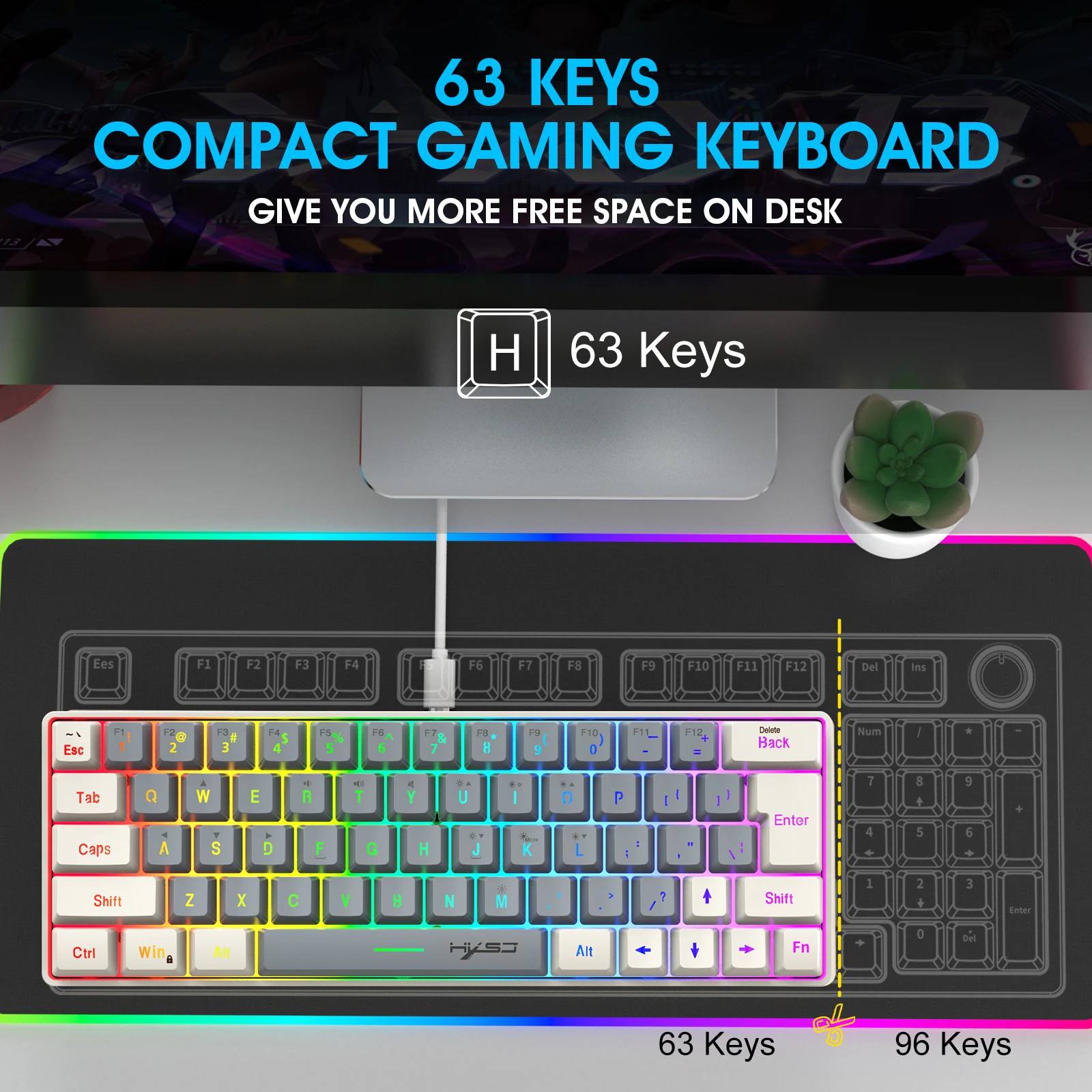 63 keys gaming keybord HXSJ V400 ergonomic mute key ABS keycap RGB lighting game office USB wired membrane keyboard for laptop