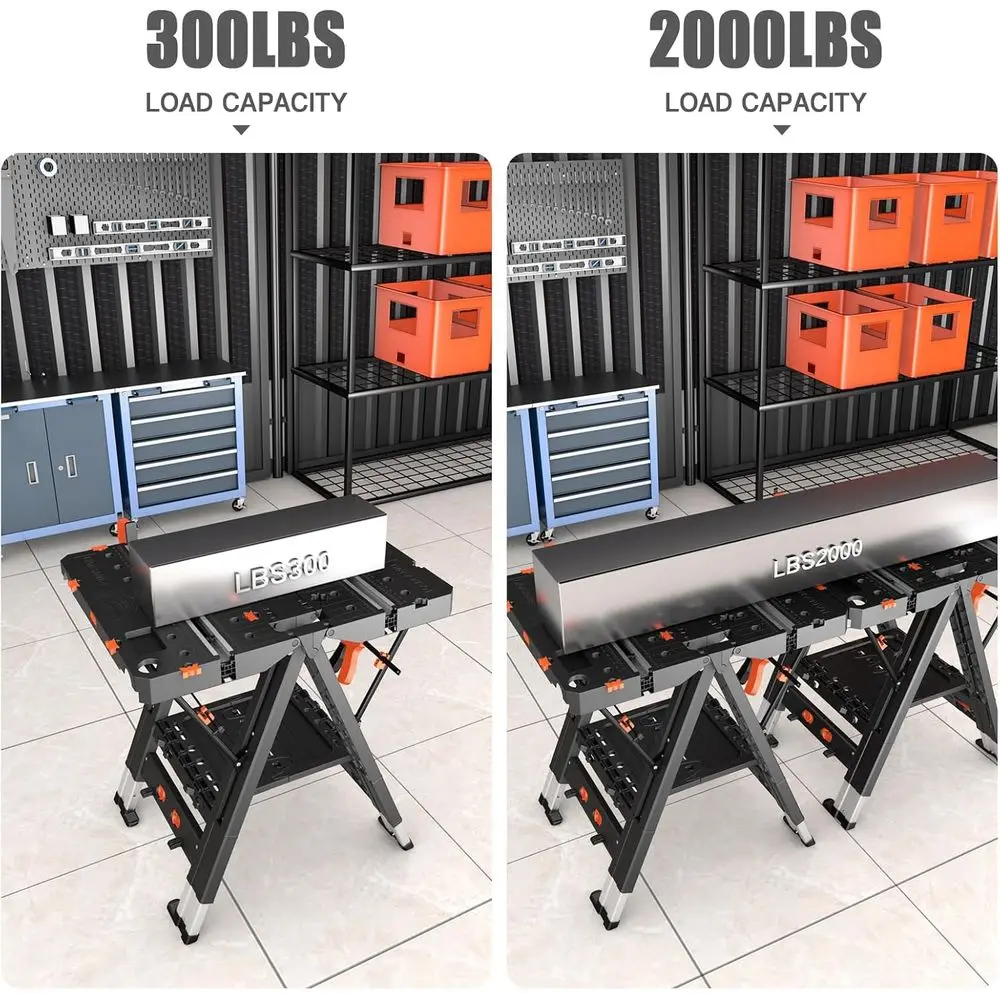 Mesa de trabajo plegable portátil combinada, banco de trabajo y caballito de sierra 2 en 1, banco de trabajo impermeable con capacidad de carga adicional con 8 carpintero