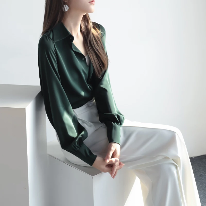 

Ele Pure Color Silk Long Sve irt Women's Profional Straight Cut Commute Sle Korean Version Button down