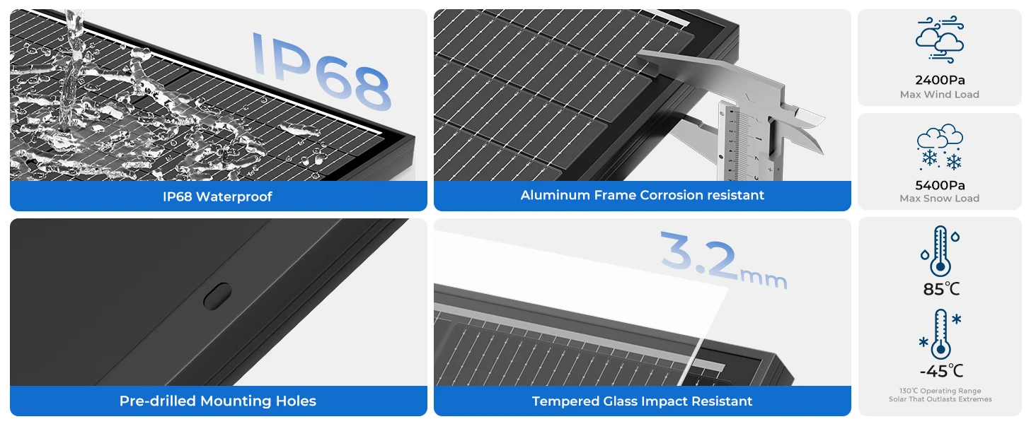 Rvpozwer 100W Solar Panel 25% High Efficiency 18BB 100 Watt Solar Panel 18BB N-Type Monocrystalline PV Modules for RV Marine Rooftop Farm Trailer Home Off-Grid System