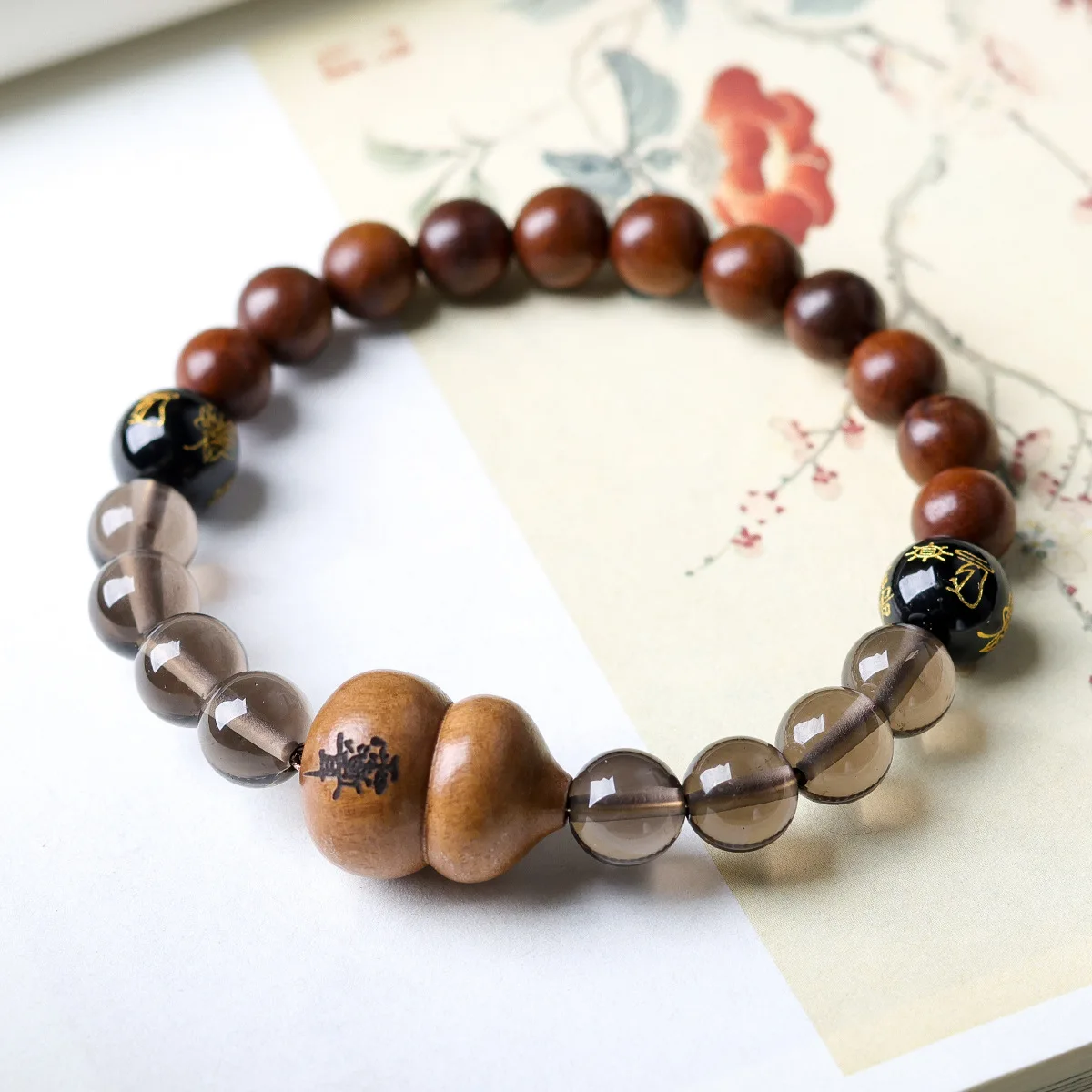 Single Loop Lightning Stricken Jujube Wood Prayer Beads Bracelet with Lightning Marks Calabash Obsidian Beads Gifts