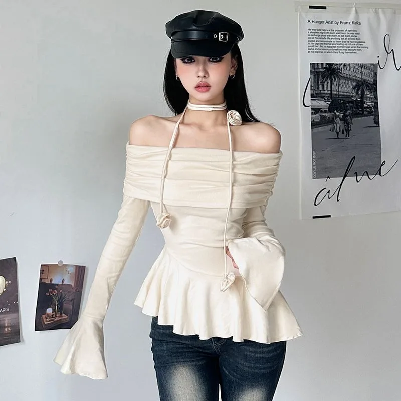 

Нежный индивидуальный пуловер с рукавами-колокольчиками во французском стиле на одно плечо для женщин