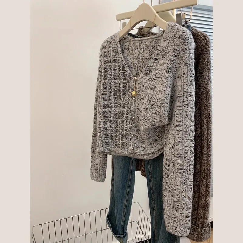 

Women V-neck Cardigan Korean Lazy Style Knitted Sweater Autumn Winter Casual Versatile Long Sleeve Knitwear Tops