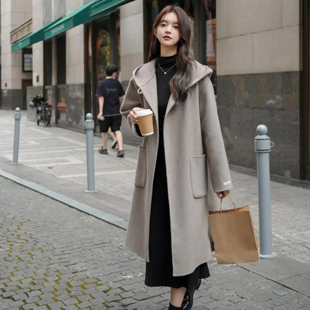 Winter Women Overcoat Hooded Open Stitch Korean Windbreaker Cardigan Mid Length Coat Thermal Long Sleeves Woollen Coat