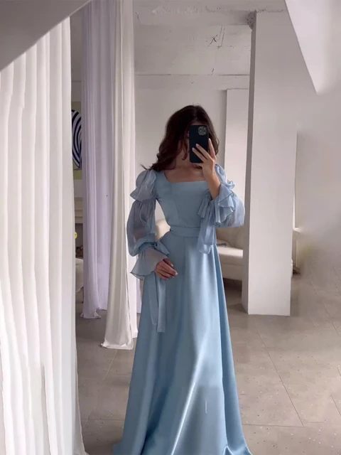 Women Chiffon Satin Evening Dress Square Collar Belt Flare Sleeve Pleated Female Dresses 2024 Elegant Lady Y2k Streetwear AliExpress