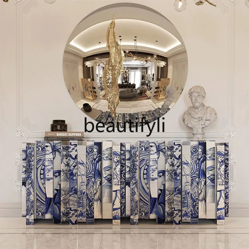 Italian hand-painted blue and white porcelain art side cabinet against the wall living room locker high cabinet