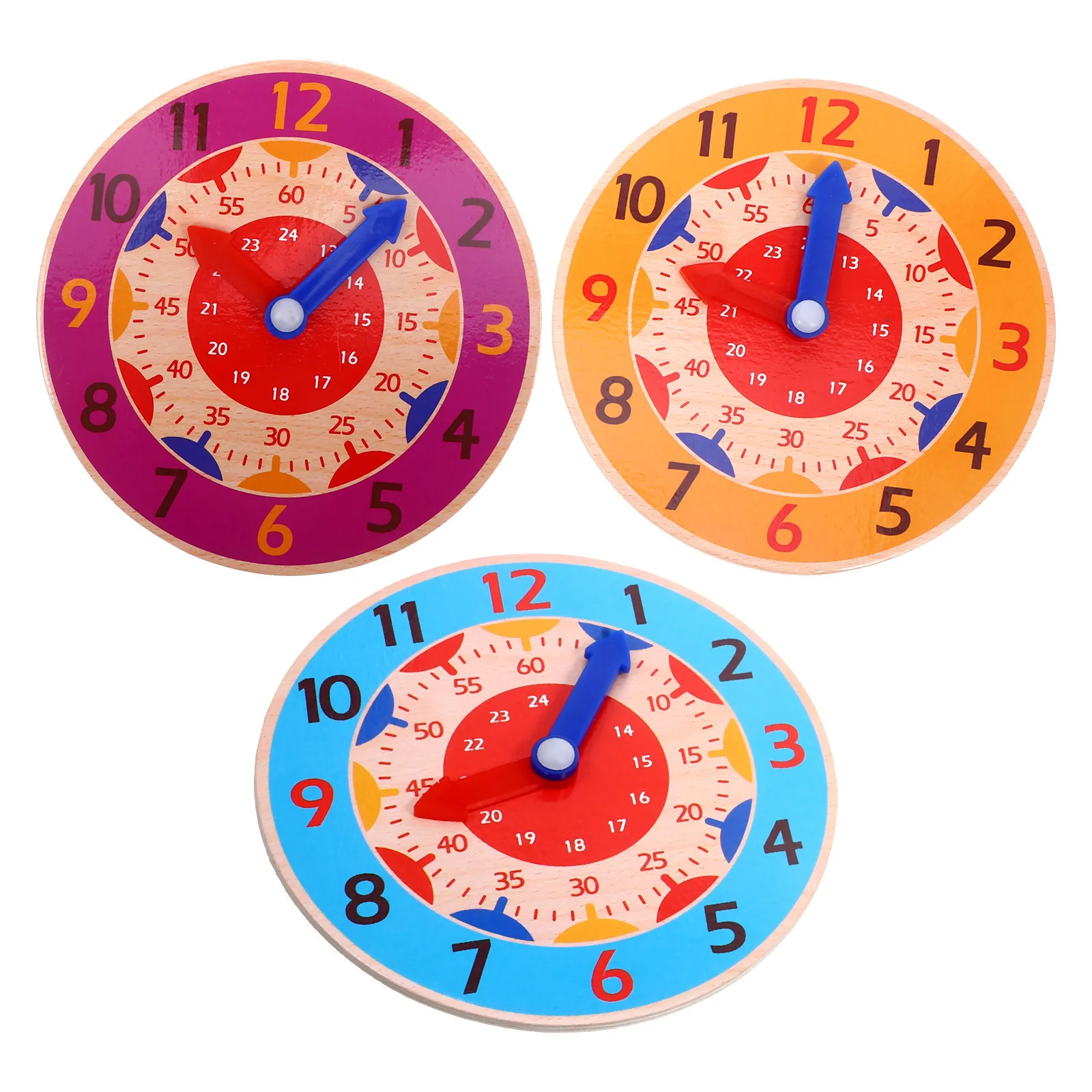 3pcs Kids Clock Wooden Time Learning Educational Teaching Clock For Toddlers Number Color Recognition Simulated Time Cognition