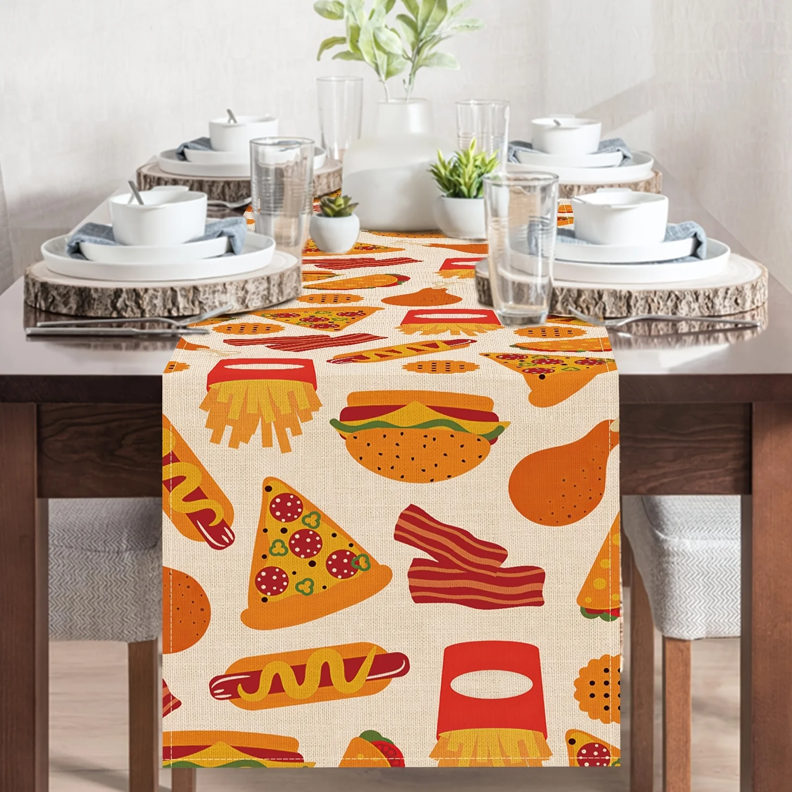 1 Piece of Fast Food-Themed Table Runner Featuring Pizza, Burgers, Chicken Legs, and Fries, Suitable for Farmhouse, Indoor, Kitchen, Celebrations, Table Decoration, Restaurant, and Banquet Decoration Supplies