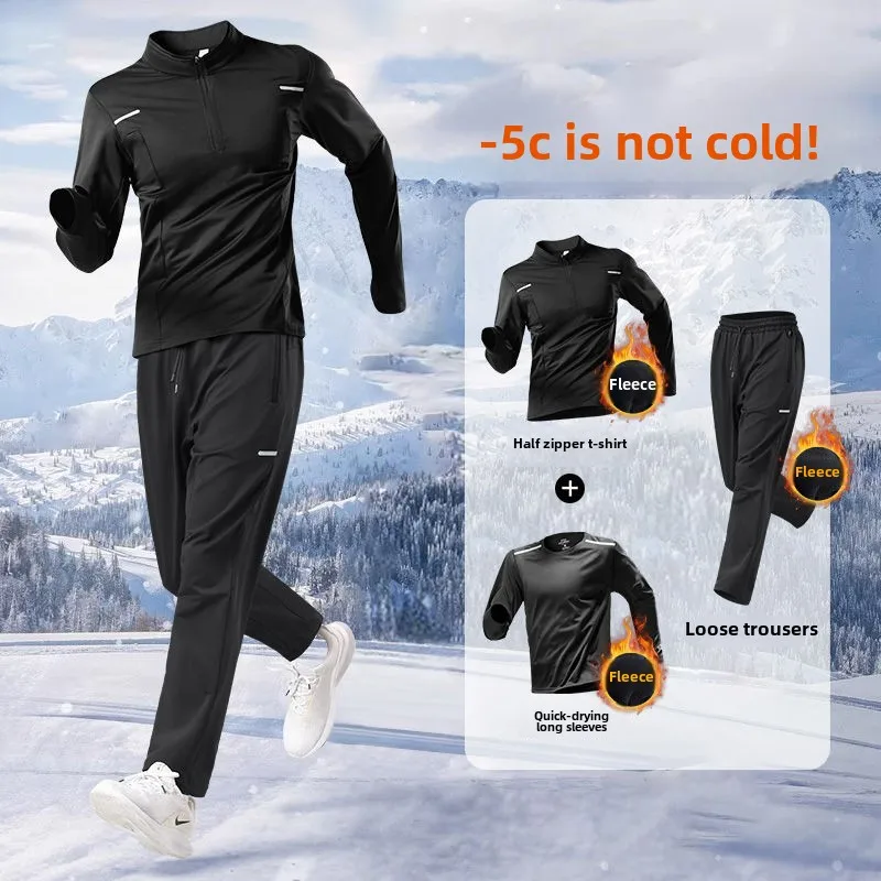 Mens Sweatsuits Set Thermal Running Suit Plush Quick-Drying Training for Autumn Winter Outdoor Fitness Professional Morning Runs