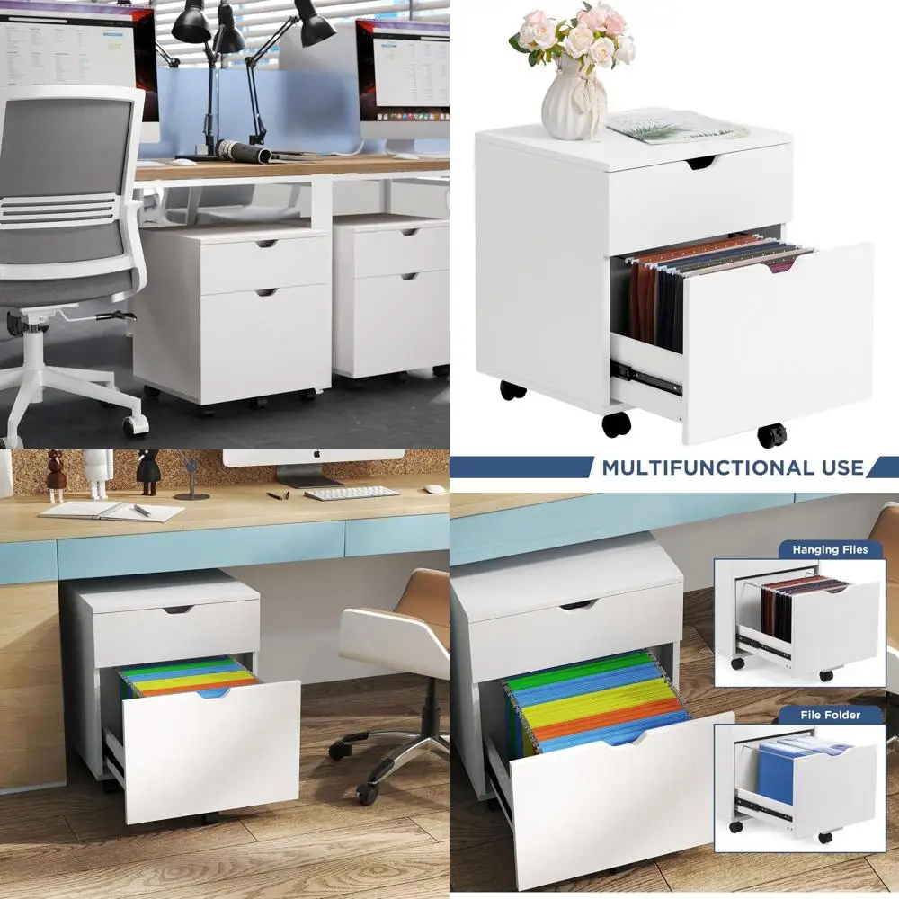 

White Rolling Storage Cabinet for Home Office, Desk Under, Printer Stand, Hanging File Organizer