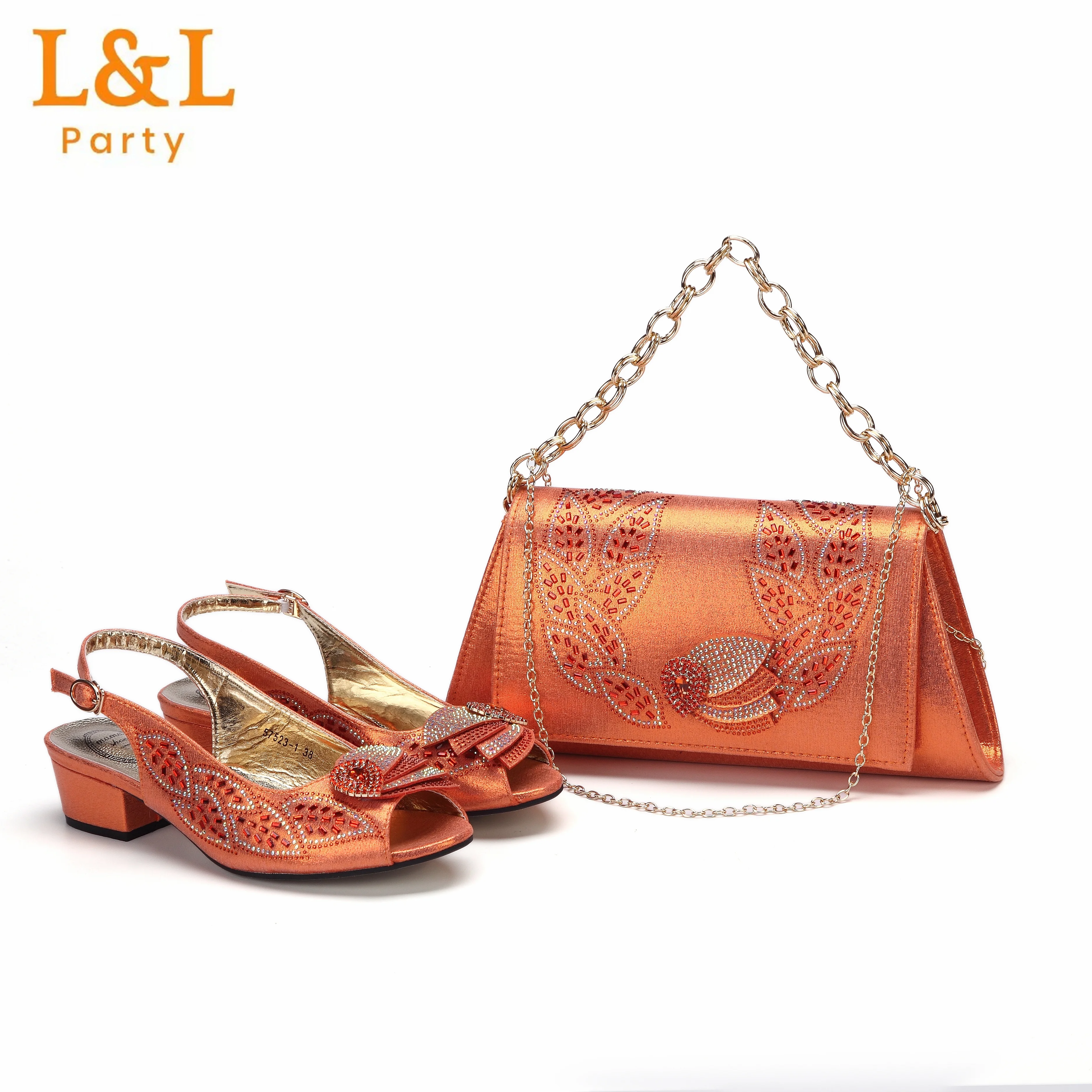 

2024 Newest INS Style Orange Color Elegant Low Heels Nigeria Popular Design African Ladies Shoes And Bag Set