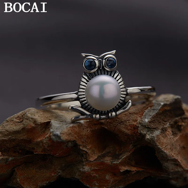 

BOCAI NEW S925 Pure Silver Fashionable Niche Inlaid With Freshwater Pearls Owl Ring