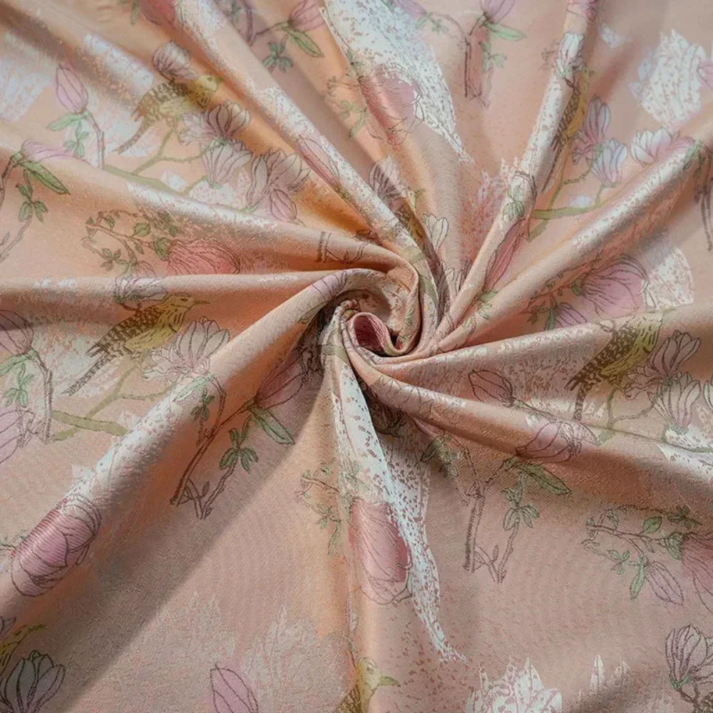 Yarn-dyed Jacquard Fabric Spring Autumn Orange Pink Flowers Birds Women's Dress Bouquet Decorative Cloth Shirt Wholesale Sewing
