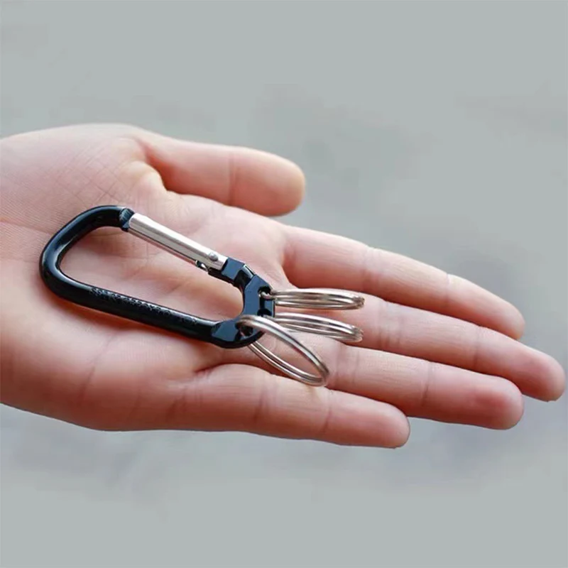 1Pc Carabiner Keychain D Shape Aluminum Alloy Multifunction Hook with 3 Key Rings Outdoor Key Chain Clip