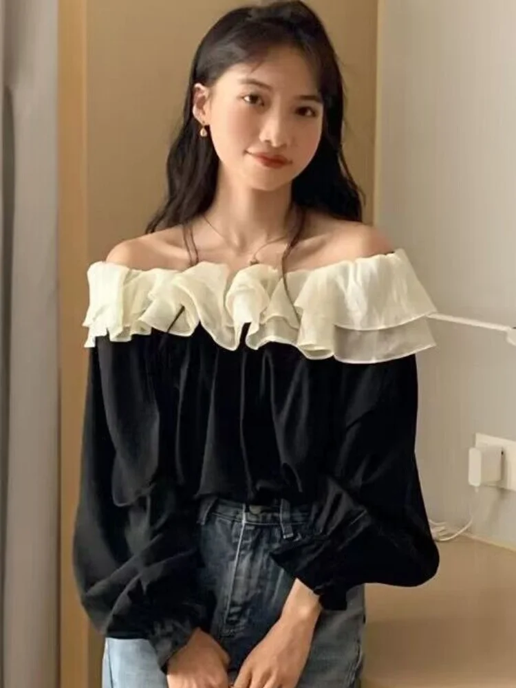 블라우스 여성 패치워크 봄 특별 섹시한 슬래시 넥 루즈핏 여성용 부드럽고 심플한 올매치 한국 스타일 우아한 데일리 캐주얼 신상품