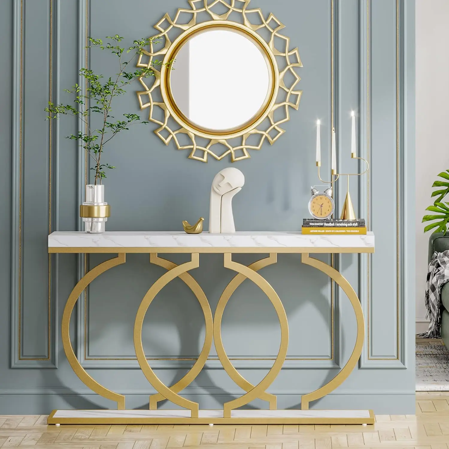 Little Tree 55 Inch Faux Marble Gold Console Table Modern Entryway Table Narrow Long Sofa Table Accent Table For Living Room,