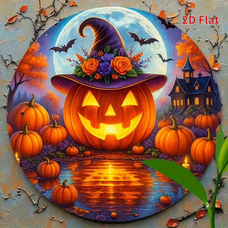 

2D Flat, Halloween Pumpkin & Haunted House Night Scene Round Iron Sign - 7.8x7.8 Inches, Vintage Halloween Decor for Bedroom