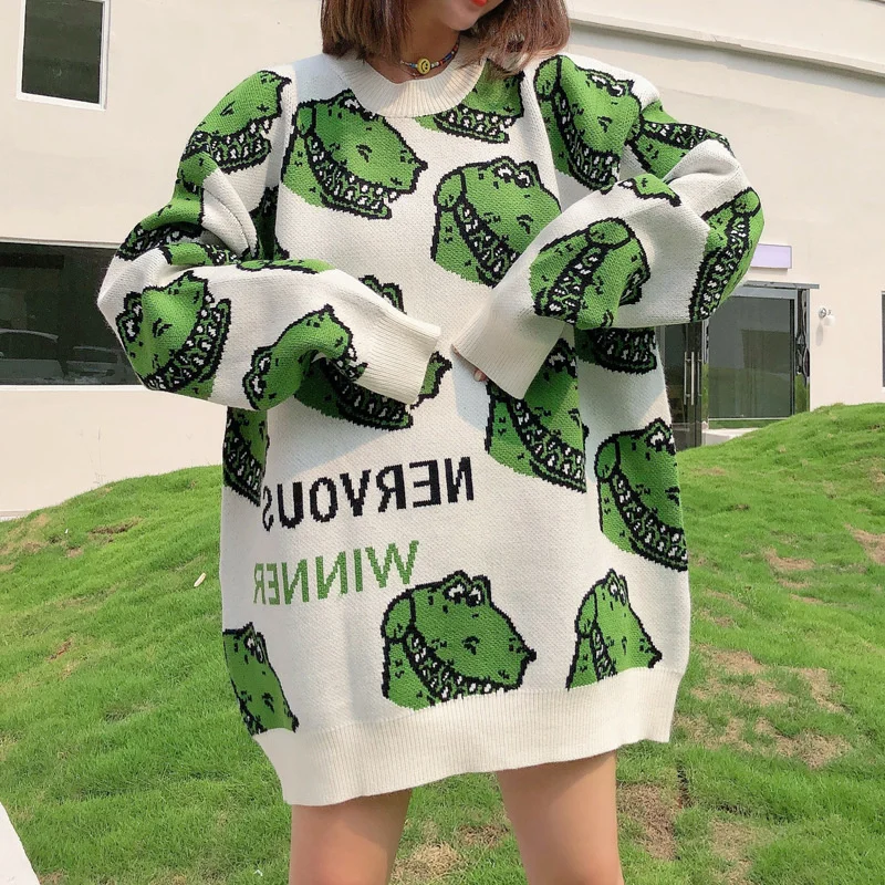 

2022 Autumn Winter White Dinosaur Sweater Women Loose Knitting Casual O Neck Long Sleeve Printing Fashion Trend Pullover