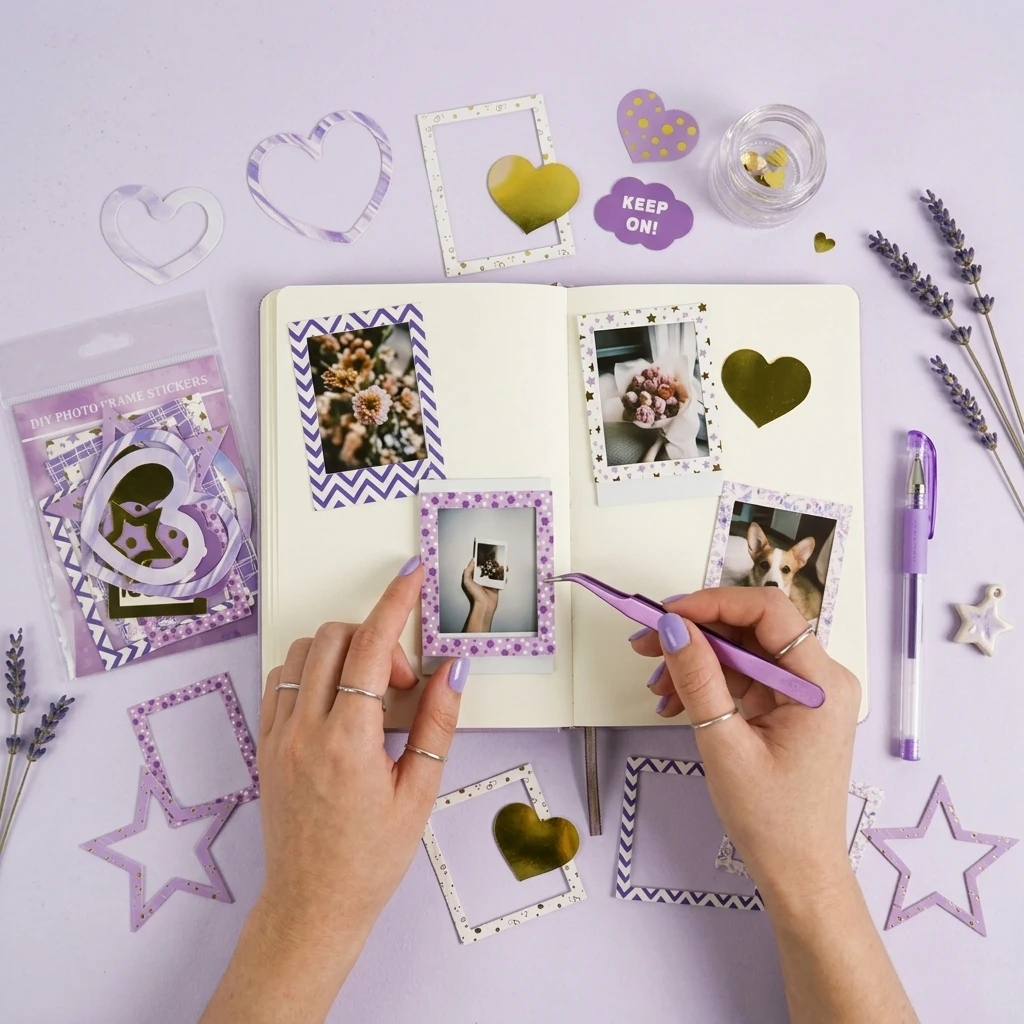 Photo Frame Stickers for DIY Scrapbooking 16Pcs Set with Round Heart Star Square Shapes for Polaroid-Album Decoration