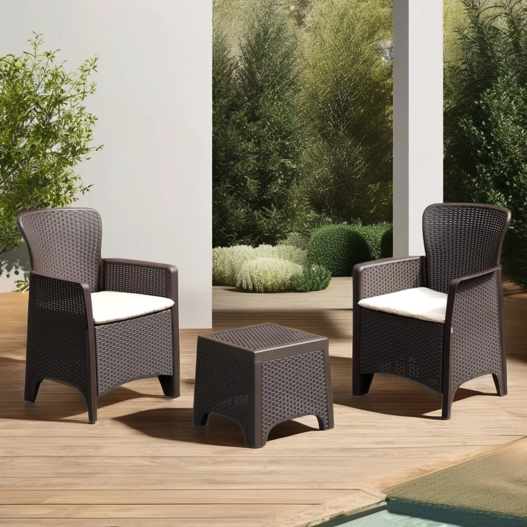 

3pcs PP Plastic Rattan-Looked Outdoor Furniture Set Wicker Sun Loungers with Aluminum Frame for Garden & Hotel Use