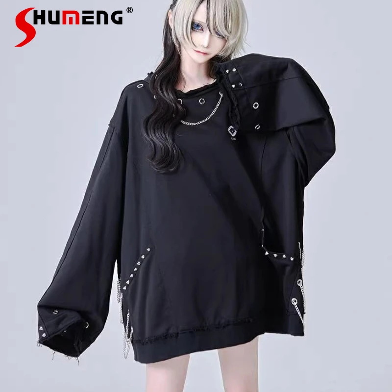 

Japanese Style Mine Series Subculture Long Sleeves Pure Black Sweatshirt Dark Punk Distressed Chain Hoodies Y2K Kawaii Clothes