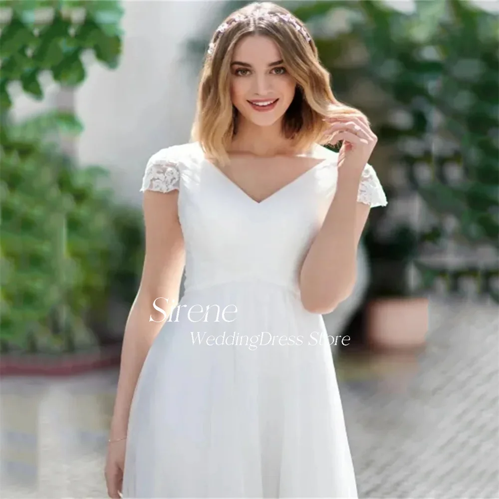 Sirene-Robe de mariée en tulle avec mancherons en dentelle, col en V, A-ligne, longueur au sol, dos nu, simple, élégante, adaptée aux patients, 2024