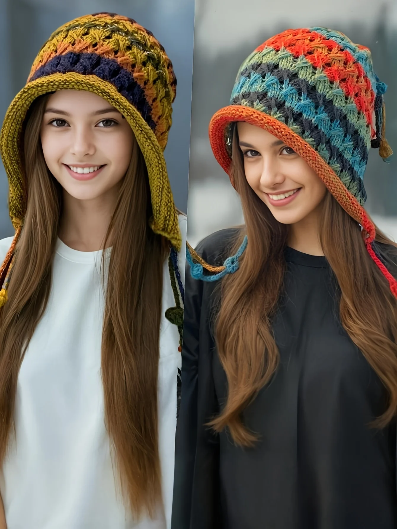 

Handmade Crocheted Hat with Ear Protection Tassel Details Thick Warm Colorful Rainbow Bohemian Style Beanie for Autumn Winter