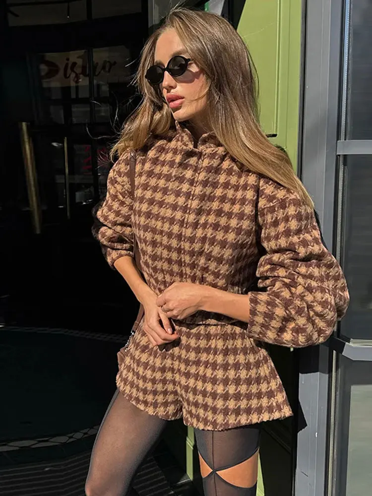 HH Autunno Set scozzese vintage da donna Dolcevita a maniche lunghe Giacca corta con cerniera + Mini pantaloncini a trapezio a vita alta Abito alla moda