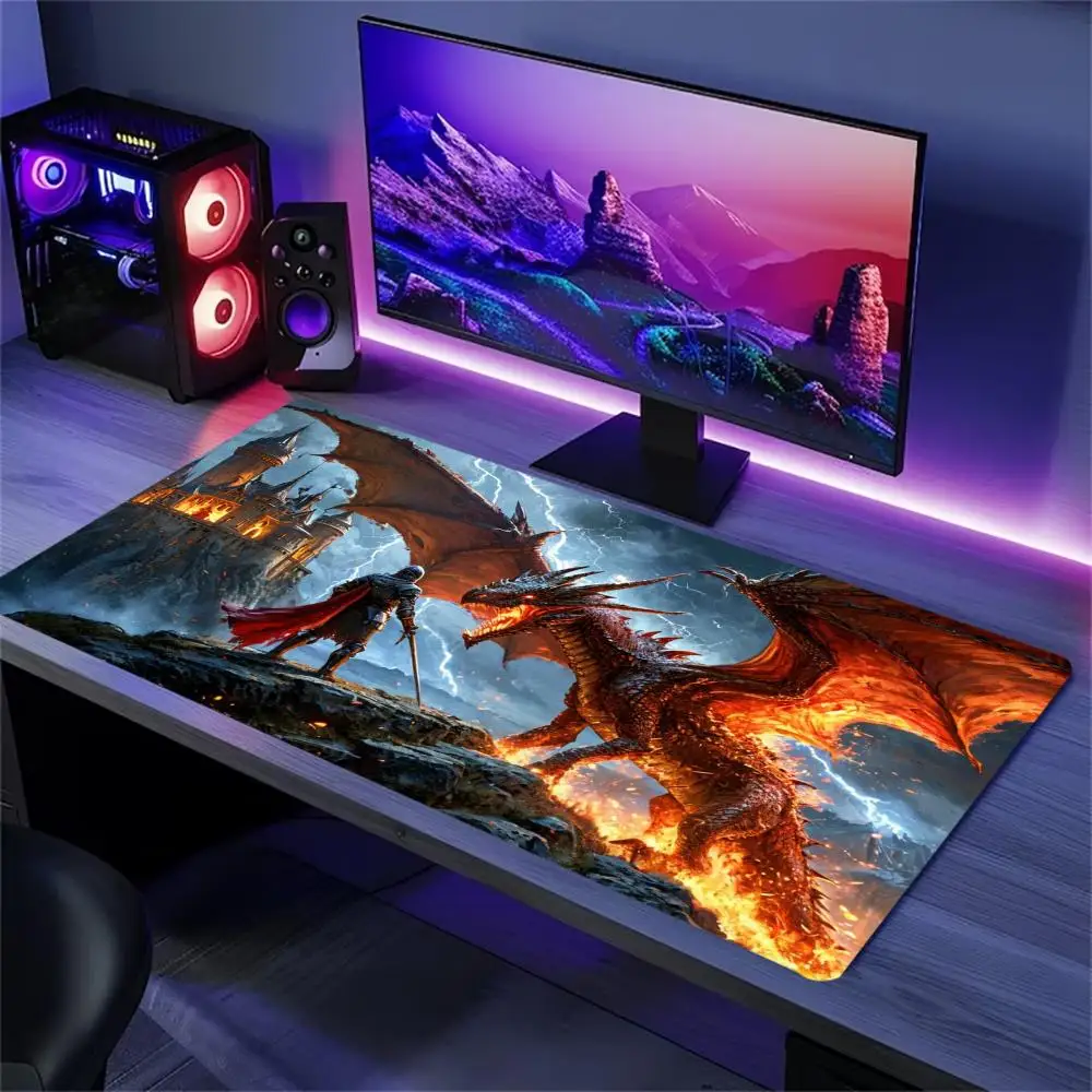 Knight Vs Fire Dragon Fantasy Battle XXL Gaming Mouse Pad Non Slip Rubber Base Desk Mat For Video Game Battle Station Zone