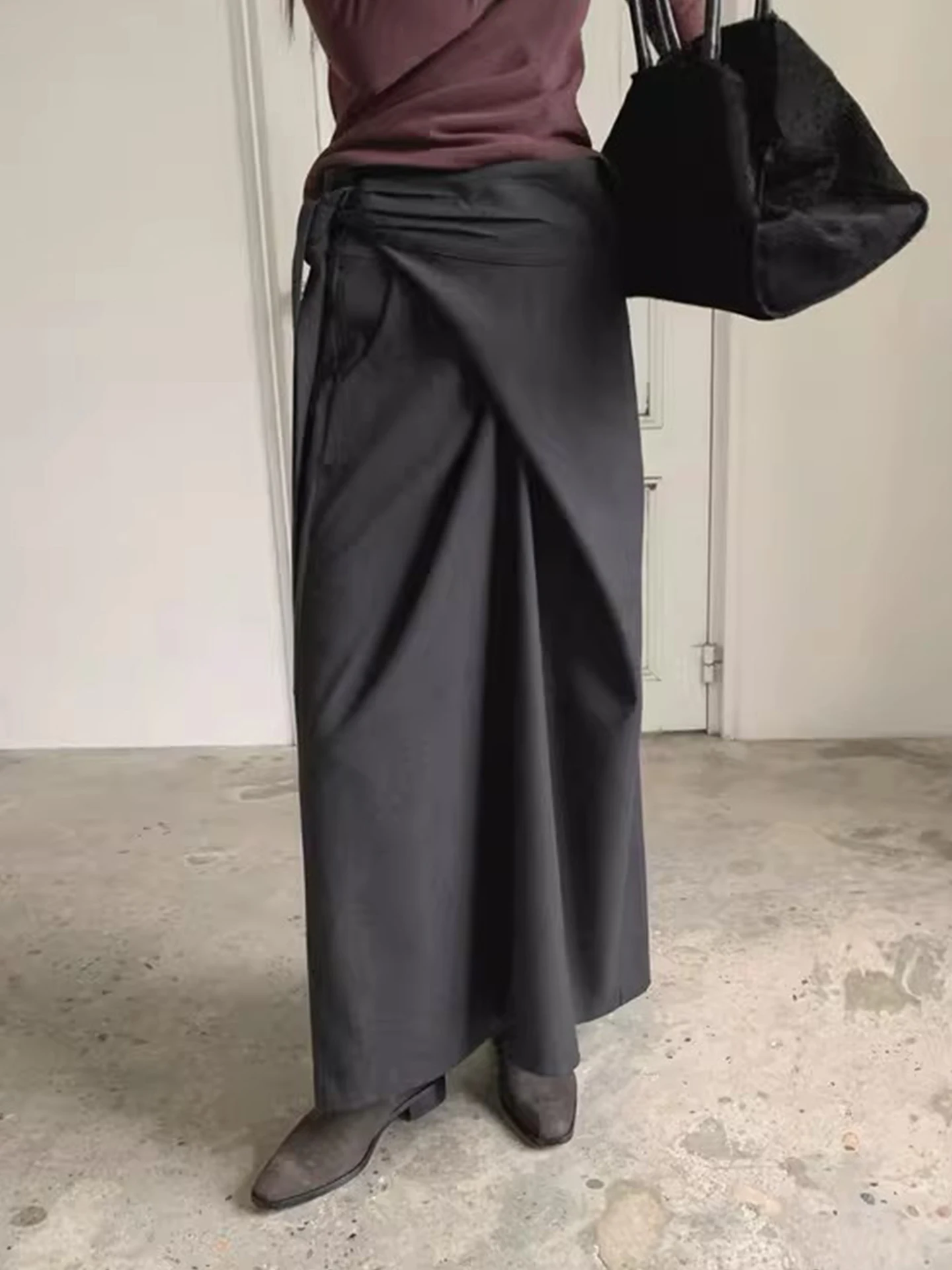 Hohe Taille Plissee Midi Rock Damen Herbst Winter Vintage Kleine ence Krawatte Gürtel Asymmetrische Schlankheitsröcke