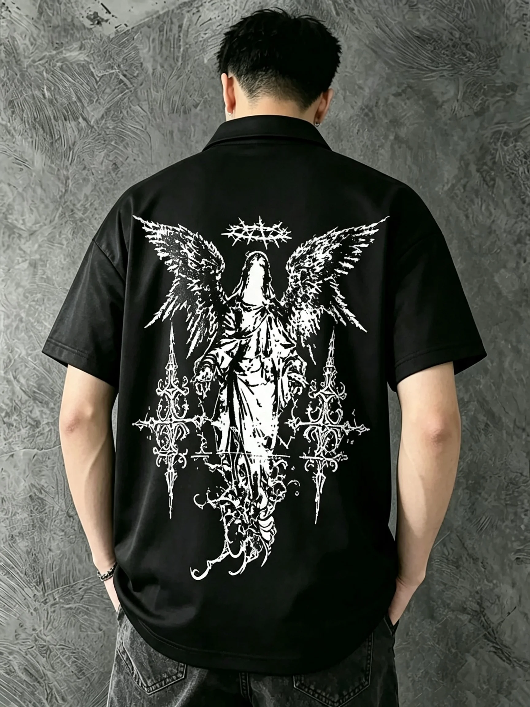 Men's Cool Basic Y2K Style Polo Shirt with A White Ink-wash Print of The Virgin Mary and Angels Surrounded By Thorns The Chest.
