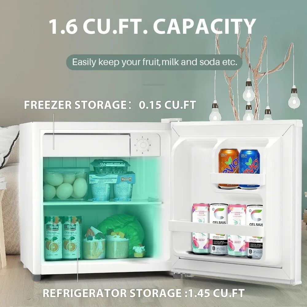 1.6 Cu.ft Mini Fridge with Freezer, Removable Shelves, Adjustable Thermostat, Reversible Single Door, Small Refrigerator