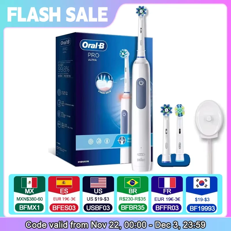 Oral B Pro 4 Ultra Electric Toothbrush 3D Acoustic Wave Intelligent Tooth Brush 2 Min Timer 30s Reminder 4 Modes 3 Brush Heads