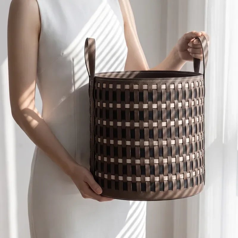 Vintage Two Tone Woven PU Leather Round Storage Basket Large Capacity Home Organizer for Clothes Toys Sundries Decorative Bin