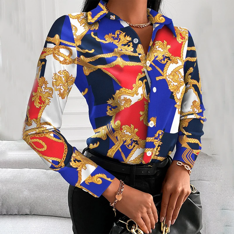 Printed Shirt Women 2022 autumn Elegant Office Ladies Blouse Clothes Fashion Lapel Long Sleeve Buttons Casual Tops For Woman