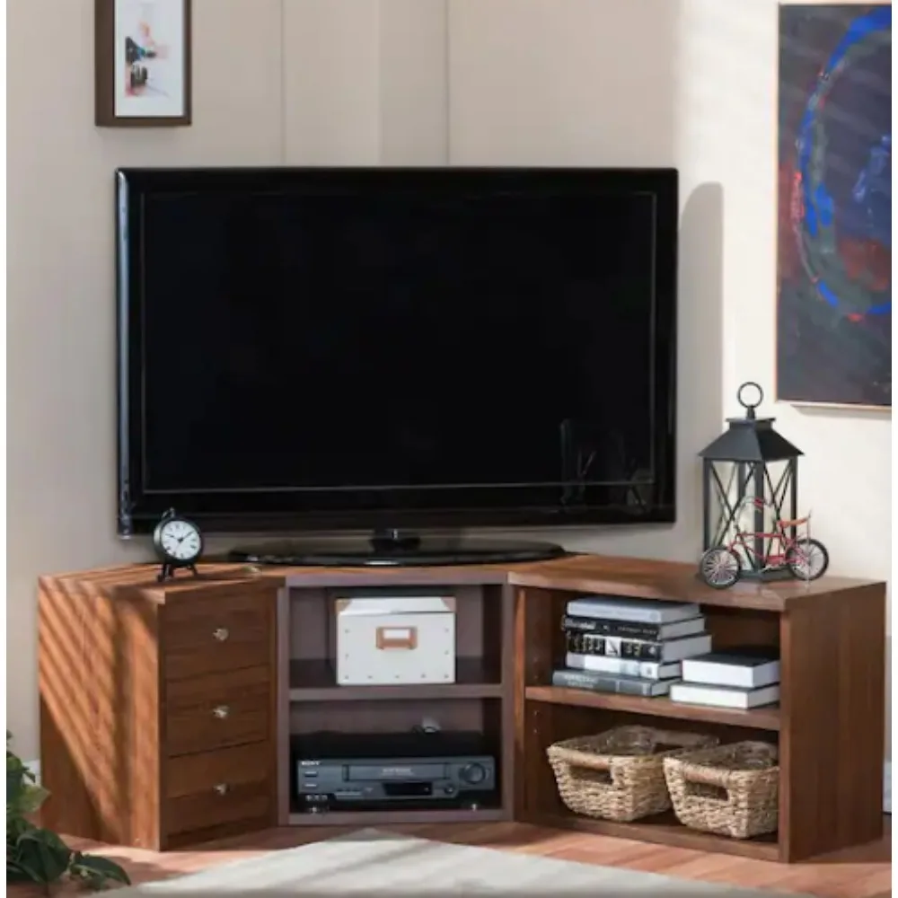 Komodor 55 inci. Stand TV Sudut Kayu Coklat dengan 3 Laci Cocok untuk TV Hingga 45 inci. dengan Laci.