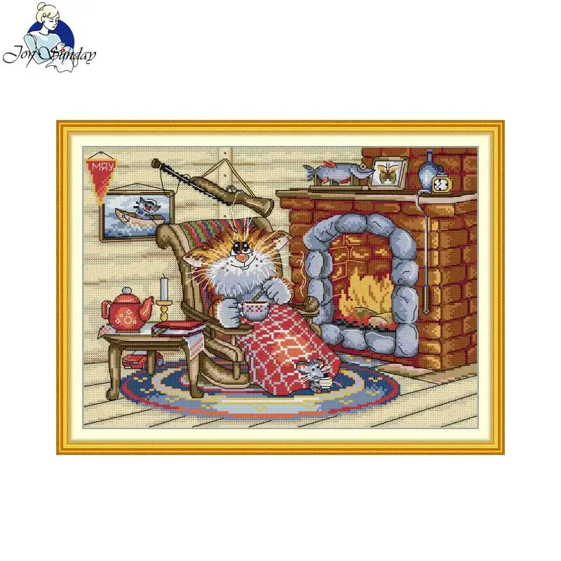 

Набор для вышивки крестом Joy Sunday, уютная ночь, ткань для шитья с принтом «Кошка», 16/14/11CT, набор для легкой вышивки своими руками